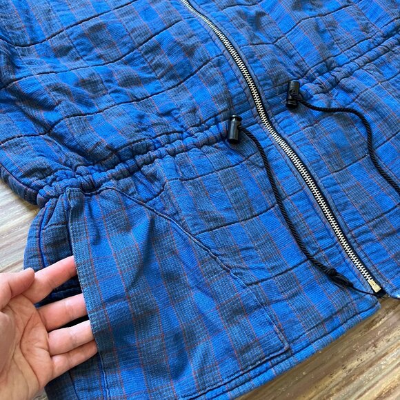 Vintage Blue Plaid Quilted Chore Coat Jacket with Drawstring Waist & Pockets - Picture 2 of 5